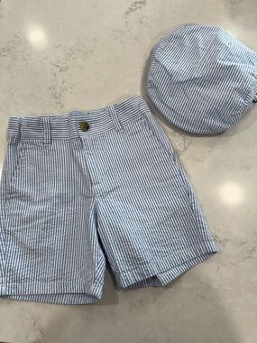 Janie and Jack Blue Seersucker Shorts and Hat 4T